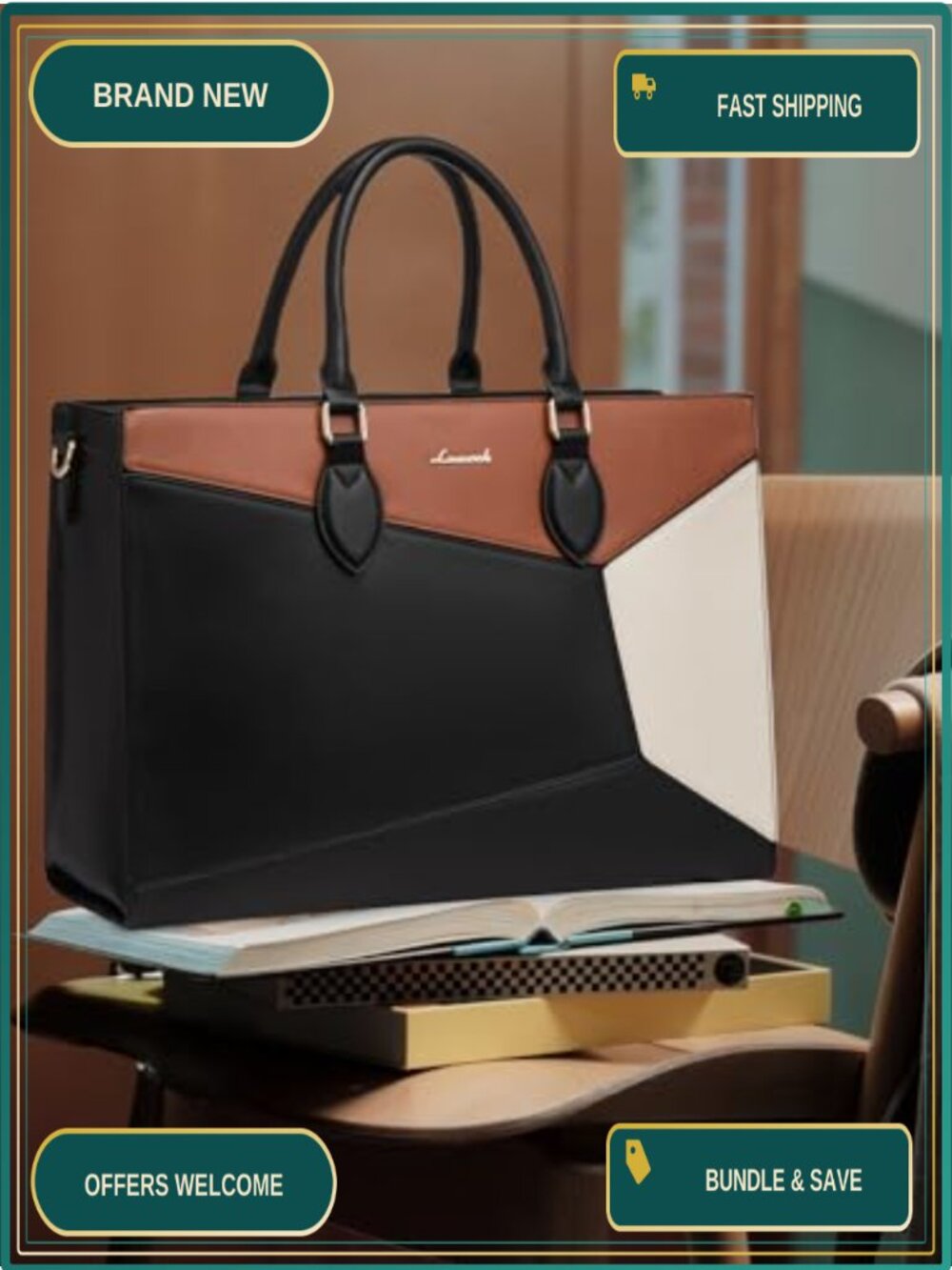 Waterproof PU Leather Laptop Tote Bag Fits 15.6in, Work Shoulder Handbag with - Picture 2 of 5
